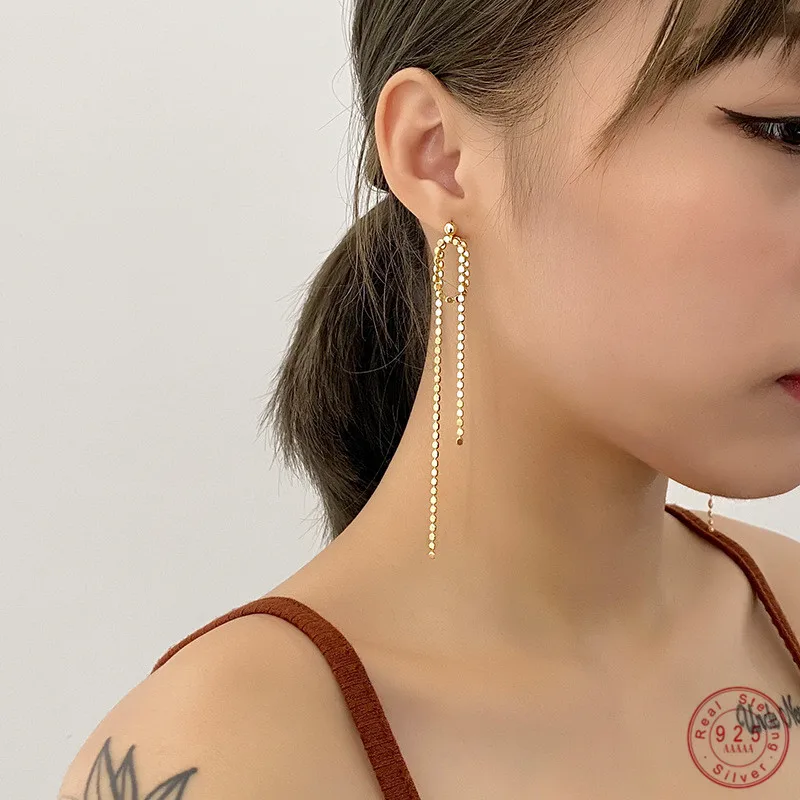 925 Sterling Silver Simple Creative Geometric Tassel Earrings For Women Thin Chain Ear Line Girlfriend Gift