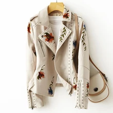 New Women Retro Floral Print Embroidery Faux Soft Leather Jacket Coat Turndown Collar Pu Moto Biker Black Punk Outerwear