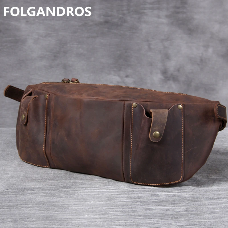 

5 days arrival, Men's Cowhide Large Capacity Chest Bag Handmade Vintage Leather Chest Pack Brand Classic Motor Shoulder Bag