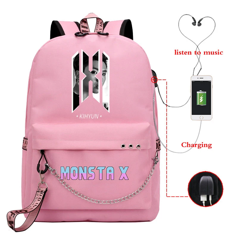 Mochila MONSTA X Рюкзак KPOP Bookbag школьные сумки для девочек-подростков женский рюкзак Usb зарядка Рюкзак для ноутбука рюкзак для путешествий - Цвет: 810-JX-MONSTA 13