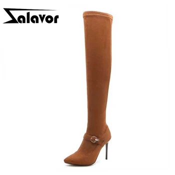

ZALAVOR Plus Size 33-46 Office Lady High Heel Boots Buckle Thigh High Shoes Women Warm Winter Stretch Boots Over Knee Shoes