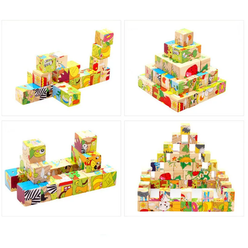 3D деревянные строительные блоки животные фрукты движение Детская Игрушка Головоломка Развивающие шестисторонние деревянные кубики блок забавные игры Детские игрушки