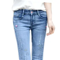 Новые джинсовые брюки для губ эластичные женские брюки-клеш с вышивкой обтягивающие брюки-карандаш Pantsembroidery губы буквы джинсы