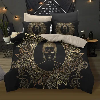 

BEST.WENSD 3D Buddha statue bedding set black quilt cover sets with pillowcases bed comforter bedding sets Queen king bed cover