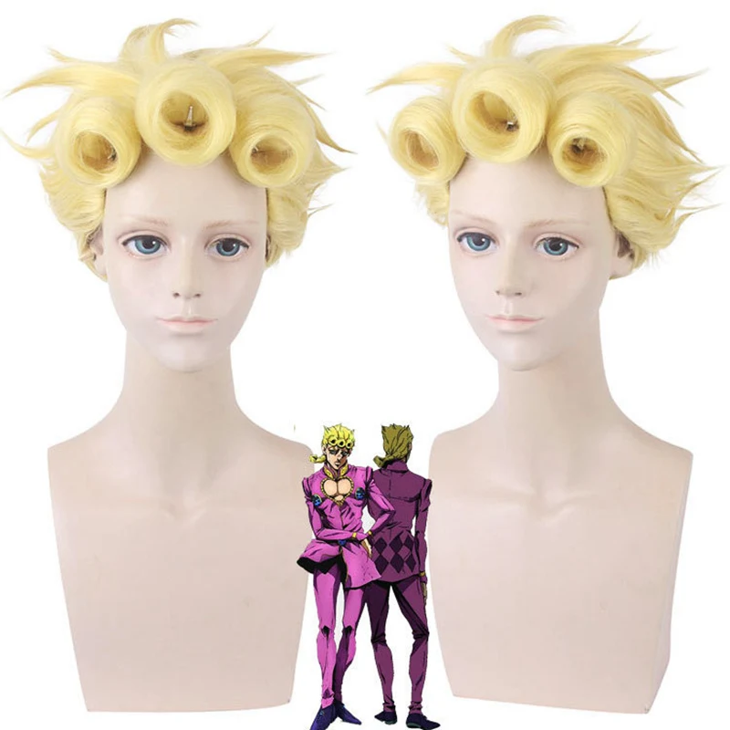 

50Cm Length Yellow Cosplay Wig Anime JoJo's Bizarre Adventure Giorno Giovanna Wig Short Curls Cosplay Wig Synthetic Cosplay Wig