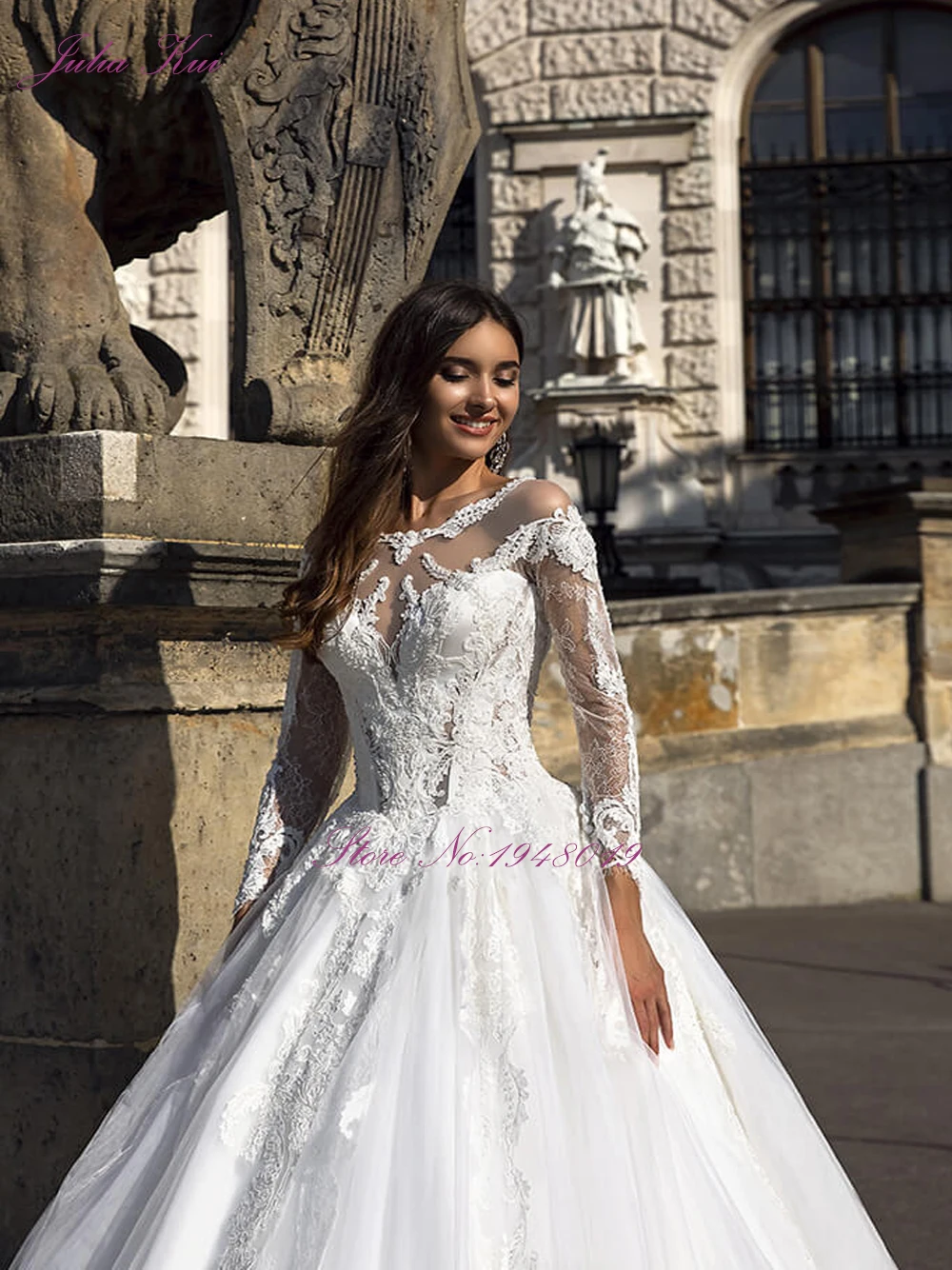 Julia Kui прекрасный Тюль ТРАПЕЦИЕВИДНОЕ свадебное платье с длинным рукавом свадебное платье Королевский поезд