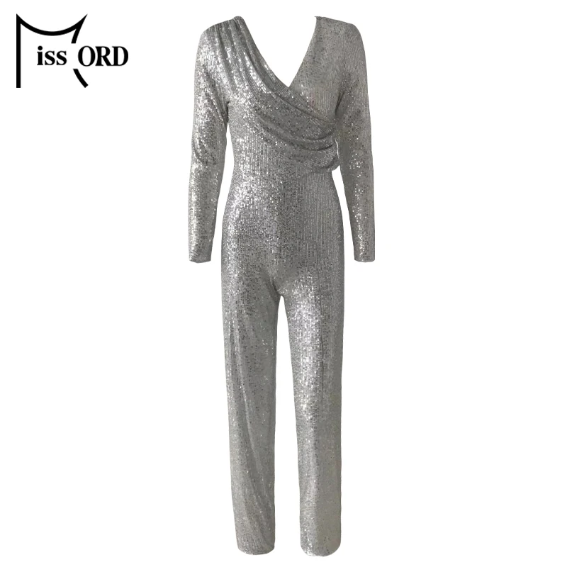 Missord V Neck Long Sleeve Sequin Playsuit Fashion Female Elegant Jumpsuit FT19885