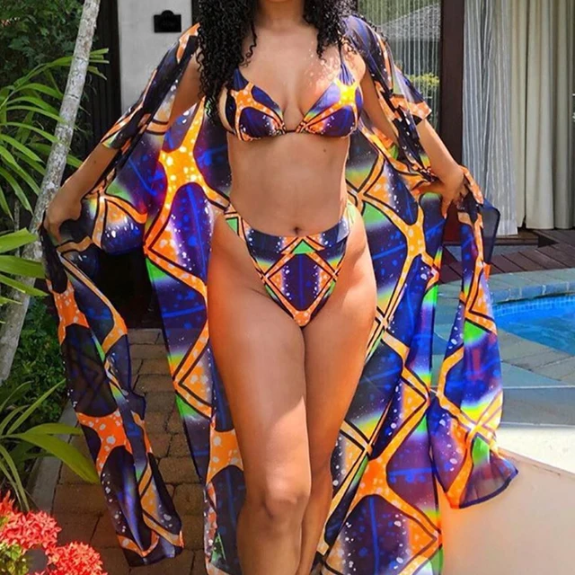 ITFABS Swimwear Set Bikini Set Chiffon Printing Cover Up - Image 2