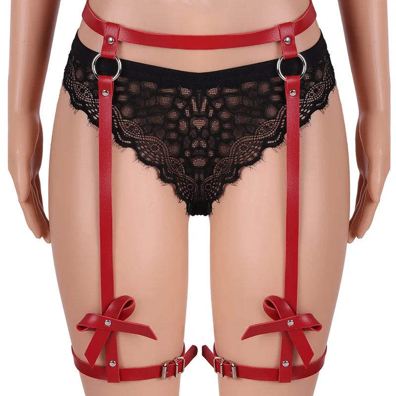 Leather Harness Bow Garter Cage Waist Stocking Suspender Belt Fetish Metal Chain Harajuku Gothic Plus Size Adjust Sexy Lingerie - Цвет: PG0346