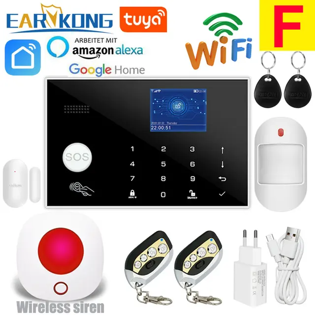 Wifi GSM Alarm System 433MHz Home Burglar Security Alarm Wireless Wired Detector RFID Touch Keyboard Temperature Humidity Alexa F