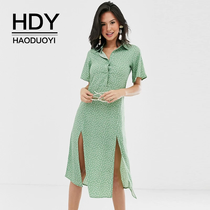 

HDY Haoduoyi New Fashion Summer Party Short Sleeve Dot Womens Female High Split Beach Turndown Collar Sexy Midi Dress