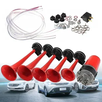 

Loud Air Horn Car Truck Red 5 Trumpets Kit 125dB Metal Plating Compressor