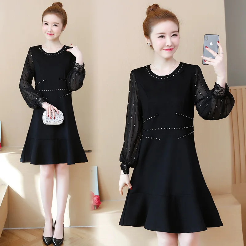 

Photo Shoot 2019 Autumn New Style Korean-style Large Size Dress by Age Beads Slim Fit Slimming Joint Mesh Dress