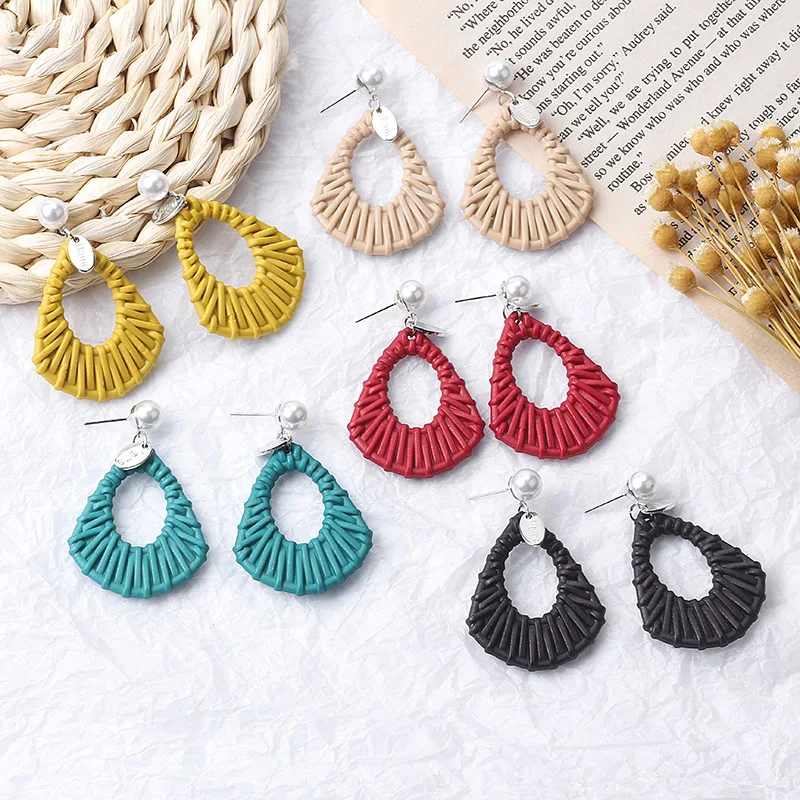 

2019 New Arroval Ethnic Water Drop Earrings for Women Fashion White Pearl Drop Earrings Bamboo Braid Pendent Statement Jewelry