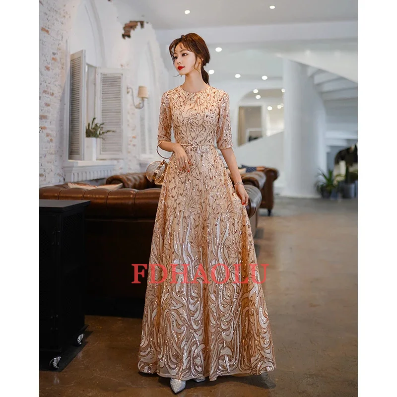 FDHAOLU FU107 New Luxury Sequins Evening Dress Banquet Elegant Gold Half Sleeved Party Prom Gown Robe De Soiree Customized 6