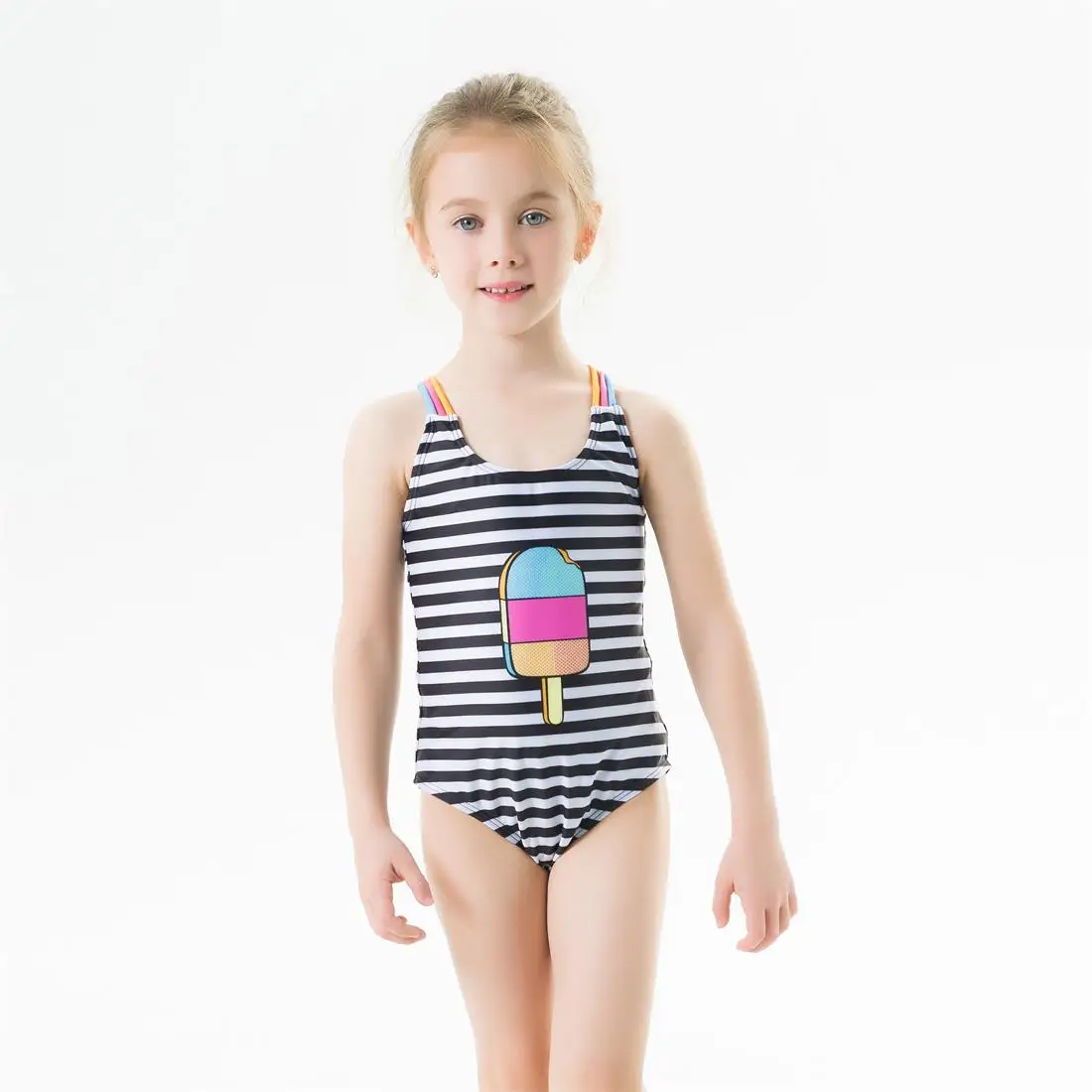 

2020 New Baby Girl Swimsuit One Piece Swimwear Classic Cross Straps Bodysuit Striped Swimsuit for Girl Ice-cream Bathing Suit