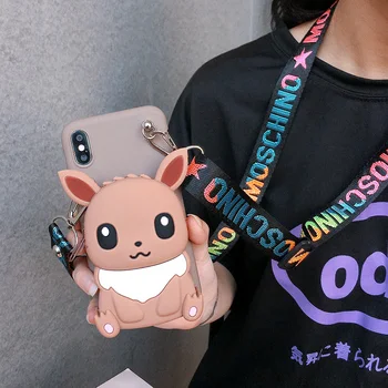 

For iPhone 7/8plus SE2 case soft silicone back cover iP XS MAX coin pocket phone shell XR cute Eevee mobile bag 11pro max +strap