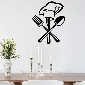 

Creative Knife Fork Chef Hat Wall Sticker For Kitchen Restaurant Decoration Mural Wallpaper Decals Home Decor Stickers
