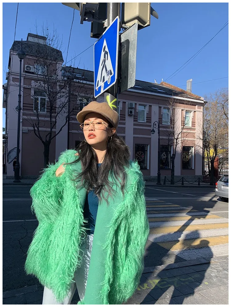 WHITNEY WANG осенне-зимняя модная уличная куртка из искусственного монгольский мех Женская зимняя теплая верхняя одежда fourrure femme