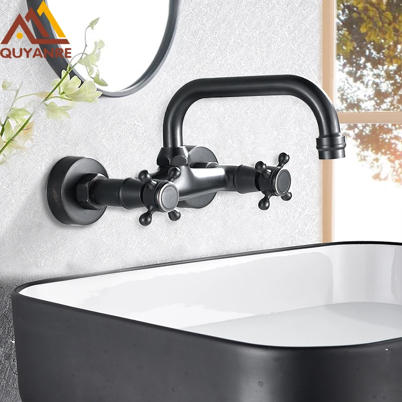 Quyanre Blackend Wall Mount Basin Faucets Dual Handles Mixer Tap Hot Cold Water Mixer Tap For Kitch