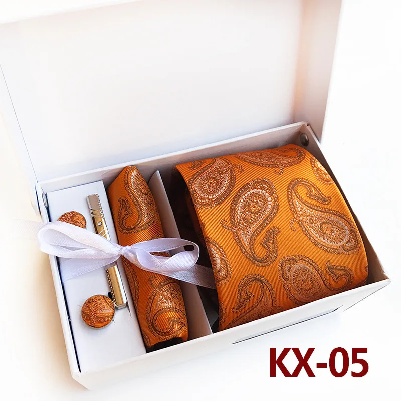 KX-05 Деловой мужской галстук, 6 шт., модный мужской галстук, Мужские квадратные полотенца, мужские запонки, зажим для галстука, белая Подарочная коробка, Подарочная сумка, мужской подарок - Цвет: KX-05