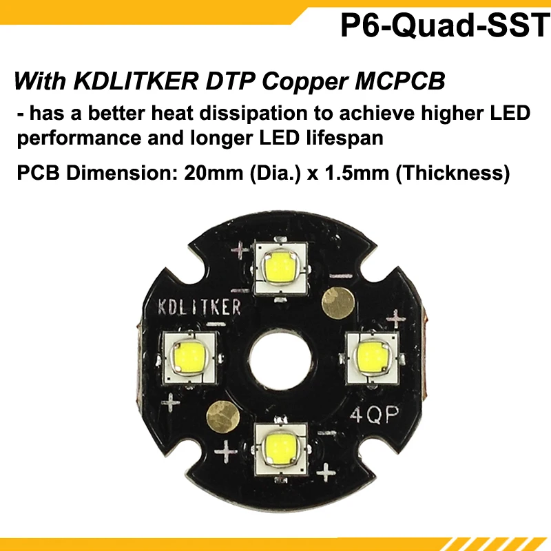 KDLITKER P6-Quad 4 x Luminus SST-20 1400 люмен 3 V-9 V P60 Drop-in модуль(диам. 26,5 мм