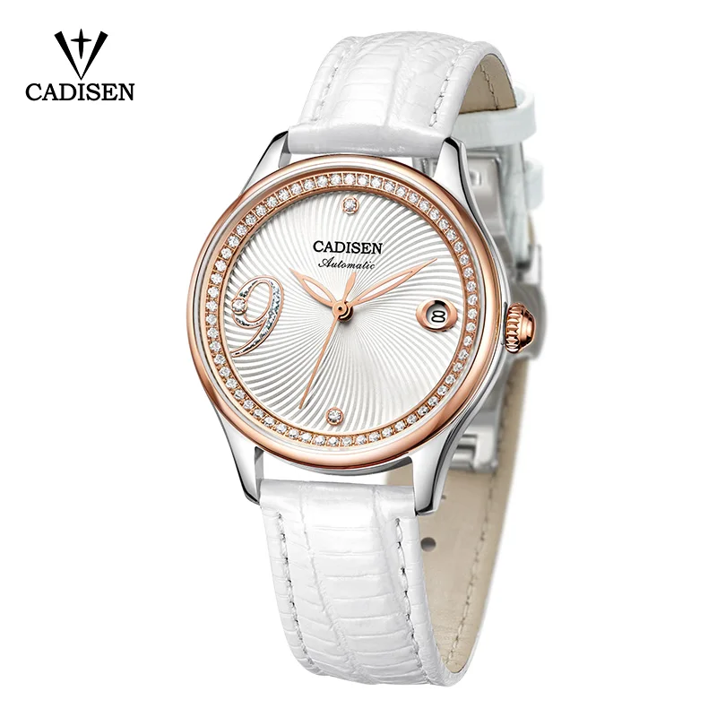 white strap watch CADISEN, женские часы, автоматические, кожа, нержавеющая сталь, модные, бизнес, Топ бренд, Роскошные, водонепроницаемые, наручные часы, relogio feminino - Цвет: white strap watch