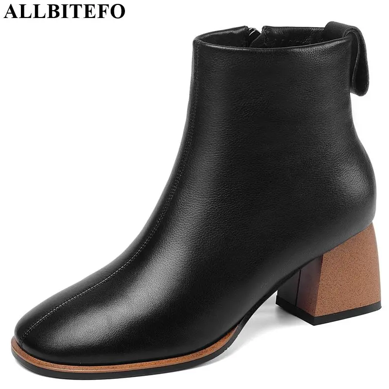 

ALLBITEFO real genuine leather women boots Round toe Pure color Autumn Winter ankle boots comfortable fashion girls boots