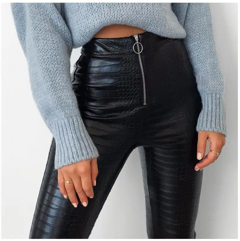 Fashion Punk Designer high waist zipper closure Hip up leggings black leather pants Sexy Skinny PU pencil trousers | Женская одежда
