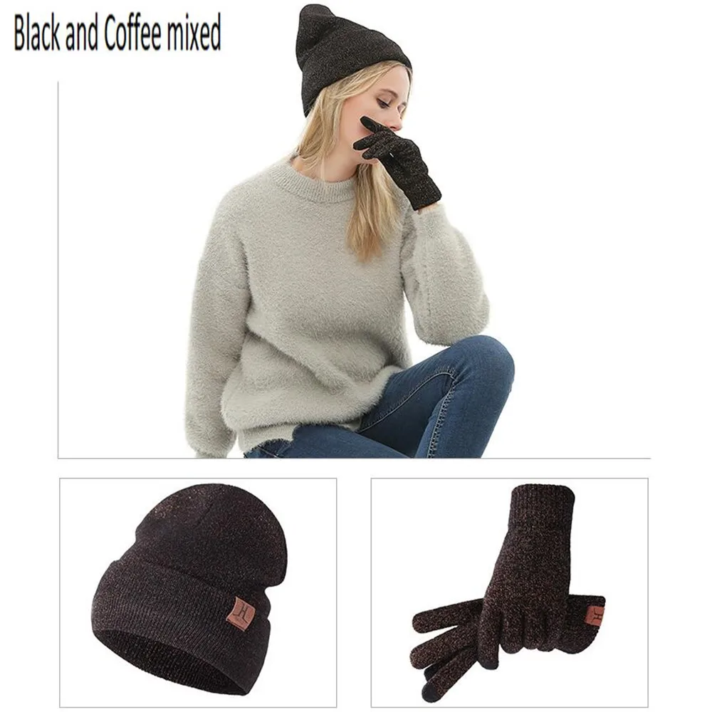 Женская однотонная вязаная шапка и наборы с перчатками с сочетающимися люрексами и перчатки для сенсорных экранов, женские шапочки и варежки, теплые зимние комплекты, женские розовые, смешанные шапки и на