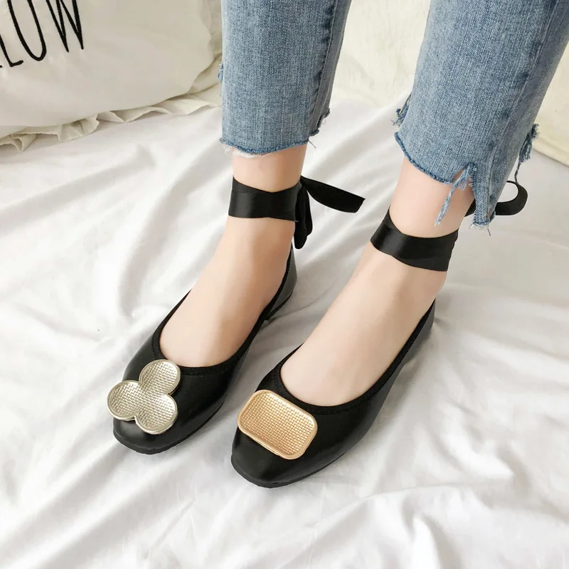 

Korean-style 2019 Spring New Style Cool Square Head Shallow Mouth Single Shoes Simple Versitile Fashion Bandage Cloth Flat Top S