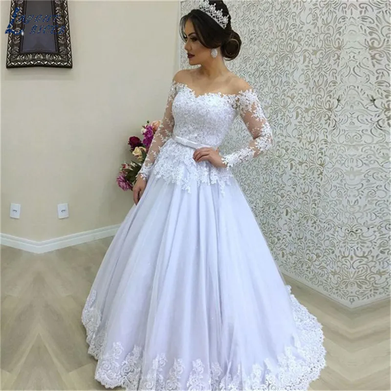 

Sheer Long Sleeves Lace Appliques A-Line Wedding Dresses Modest Fashion With Ribbon Bridal Gowns Modest Muslim Turkey Fashion
