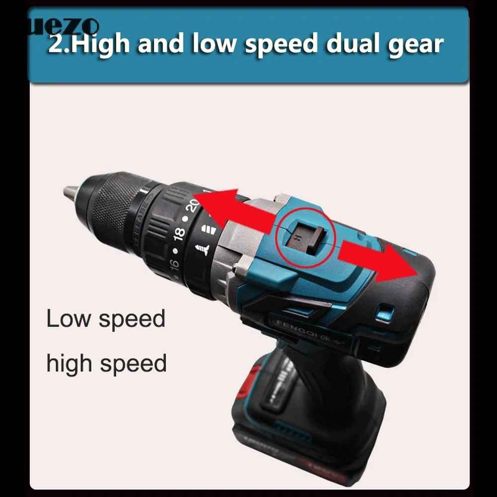 21V Electric Impact Drill High Power Brushless Cordless Power Tool Rechargeable 13mm Drill Driver 23 Modes with Battery Charger