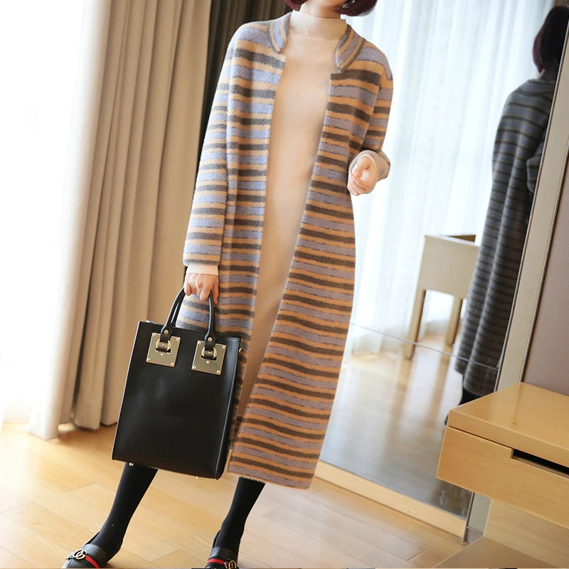 Women Jacket Long Coat Autumn Casual Winter Thick Warm Striped Fall Jacket Female Sweater Ladies Cardigan Chaqueta Mujer