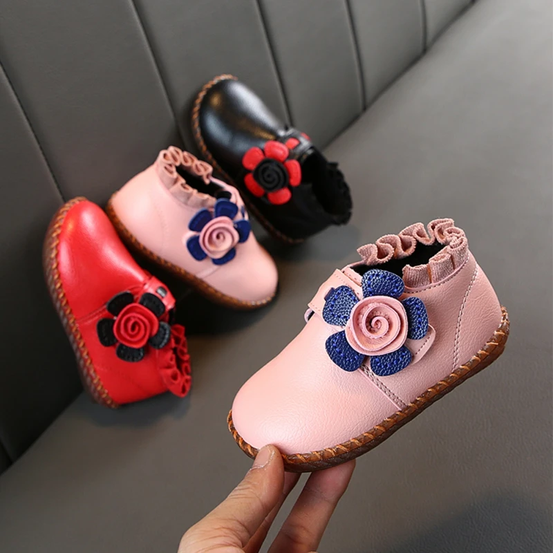 

Kids Girls Snow Boots Winter Warm Flat Round Toe Kids Shoes Baby Children's Flower Pink Black Red Soft Bootss l