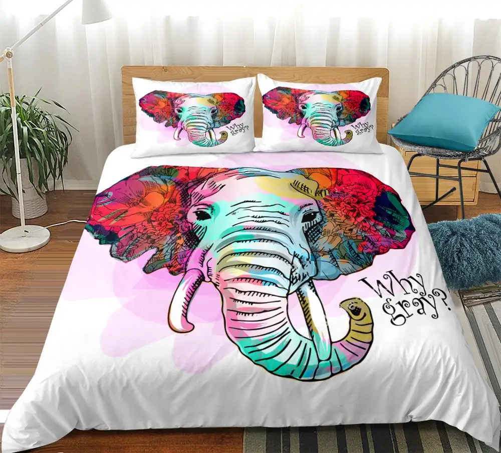 3pcs Color Elephant Bedding Set Watercolor Art Duvet Cover Set Colorful