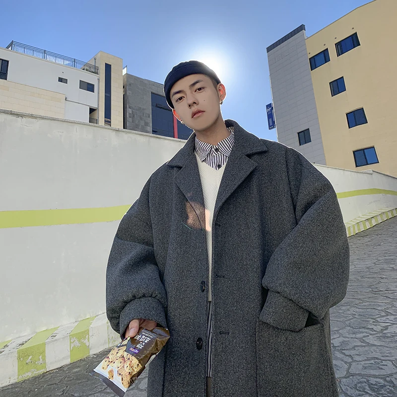 LAPPSTER мужской Корейский модный шерстяной Тренч пальто мужская Японская уличная одежда зимнее пальто Харадзюку хаки куртки пальто - Цвет: Grey