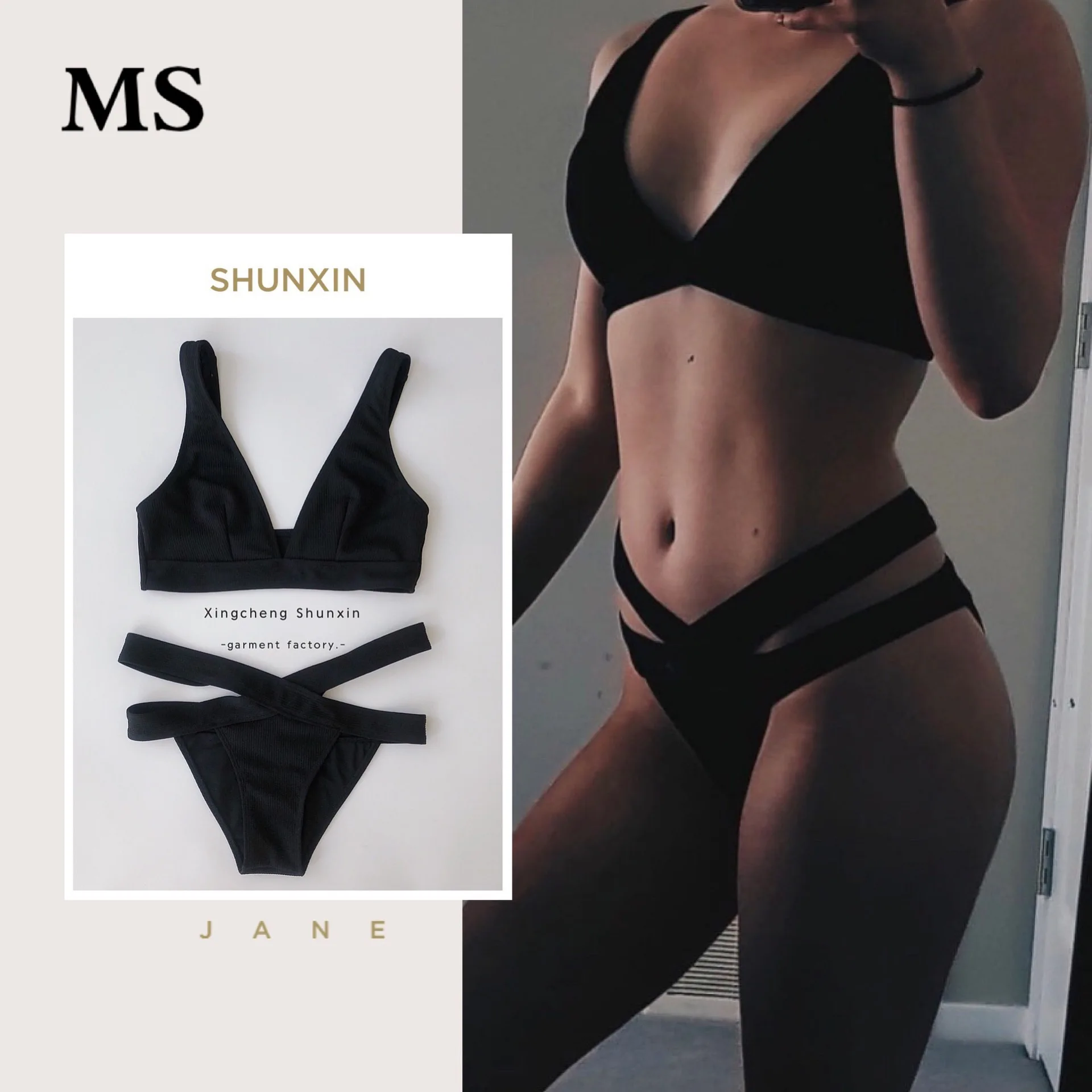 

MS 2019New sexy cross straps triangle low waist gathered to push open comfortable and charming black underwear