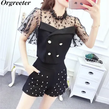 

Summer 2020 New Temperament Suits Stars Lace diamond Double-breasted Crop tops and High waist Beaded Shorts 2 piece set Female