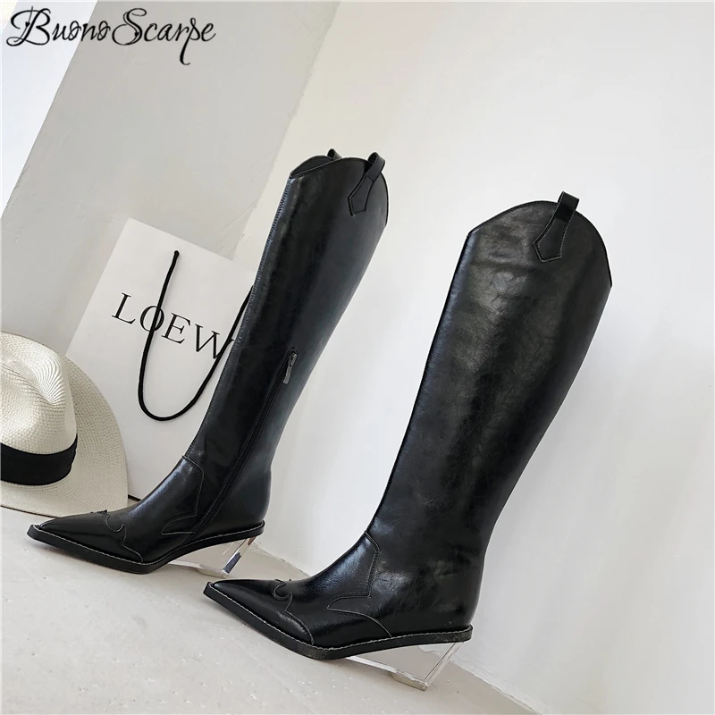 Buono Scarpe/Сапоги до колена из натуральной кожи; женская обувь на танкетке с острым носком; женские высокие сапоги в западном стиле на прозрачном каблуке; Botas Fenimina