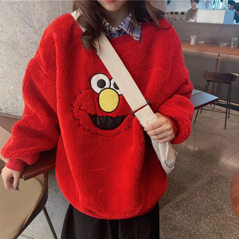Красный Cartoon Lambs Wool Hoodies Women O Neck Velet Thicken Sweatshirt Autumn Winter Warm Outwear Red Blue Long Sleeve Streetwear W250 - Цвет: Красный