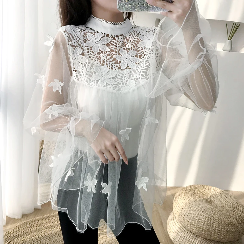 Женская кружевная блузка рубашка пикантный сетчатый пуловер с цветочным