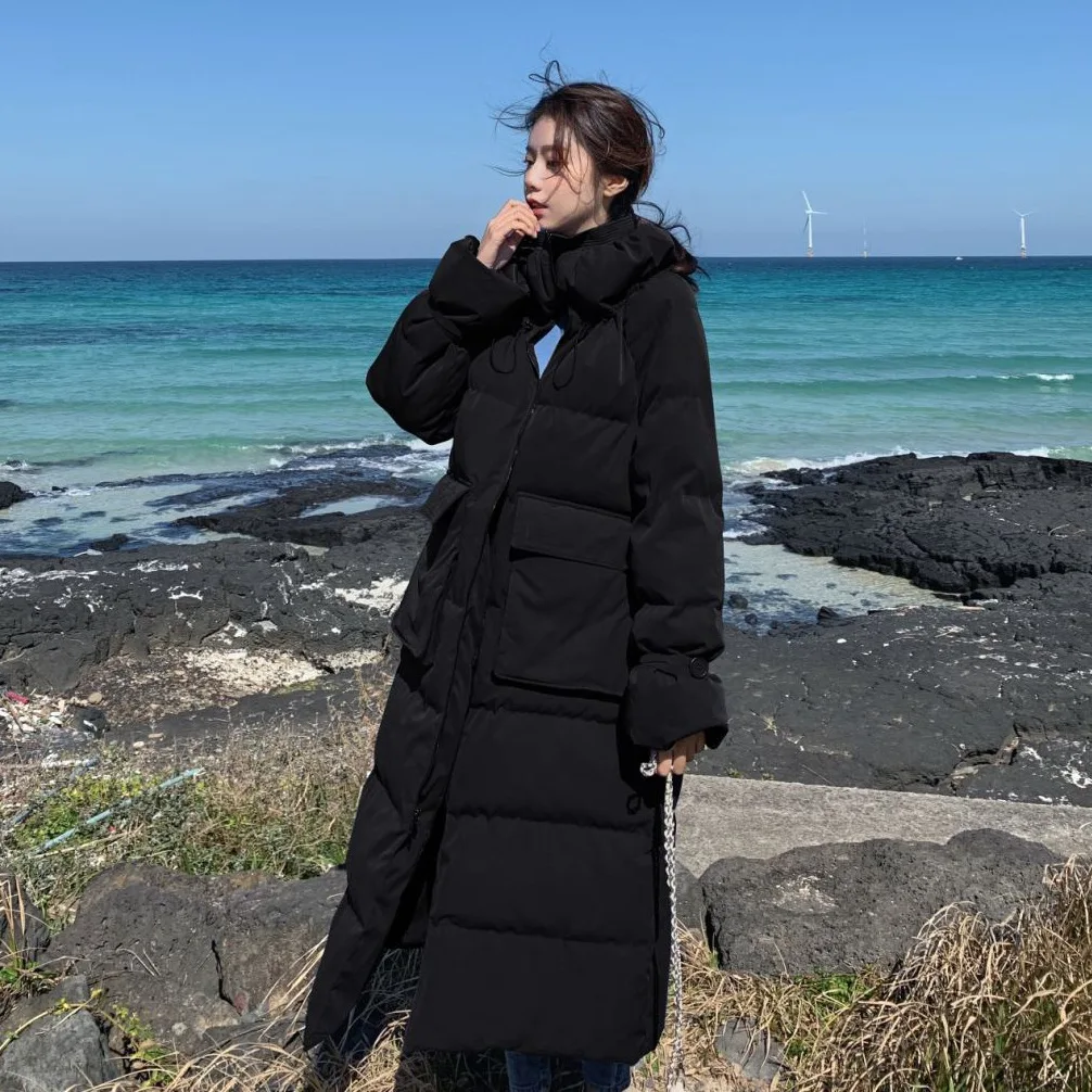 

Photo Shoot INS Non-mainstream Design Bud Stand Collar Drawstring Bell Sleeve Loose Straight down Coat Cotton-padded Clothes Lon