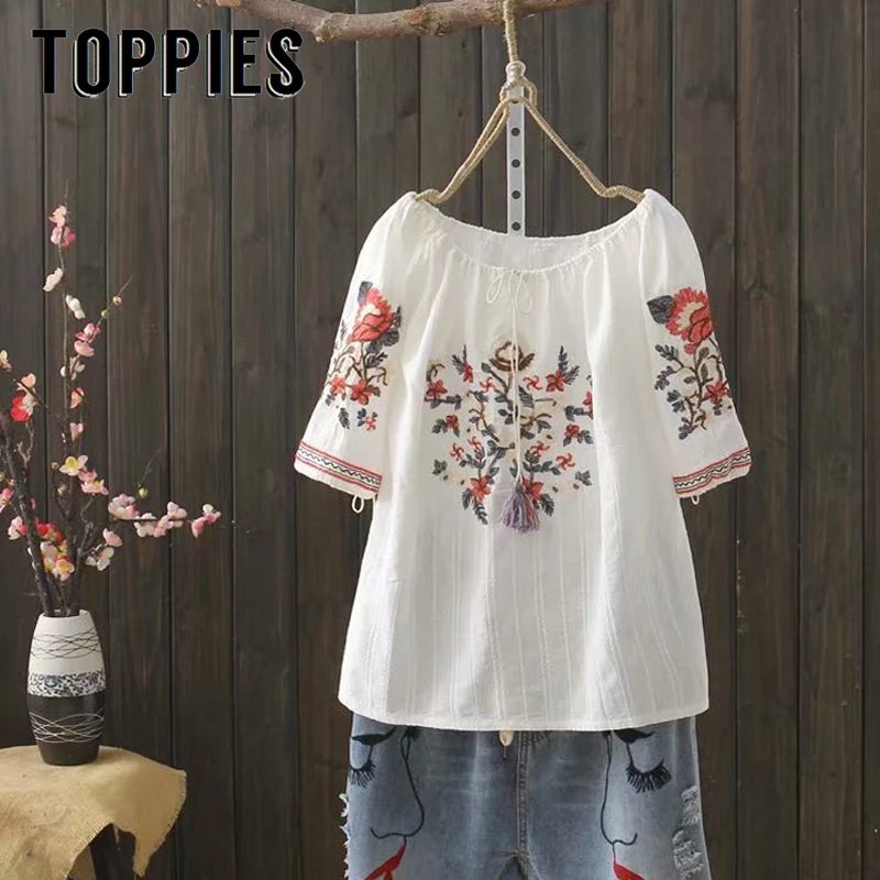 

Floral Embroidery Cotton Shirt Mori Girls White Tops Casual Round Neck Tassel Blouses 2019 Women