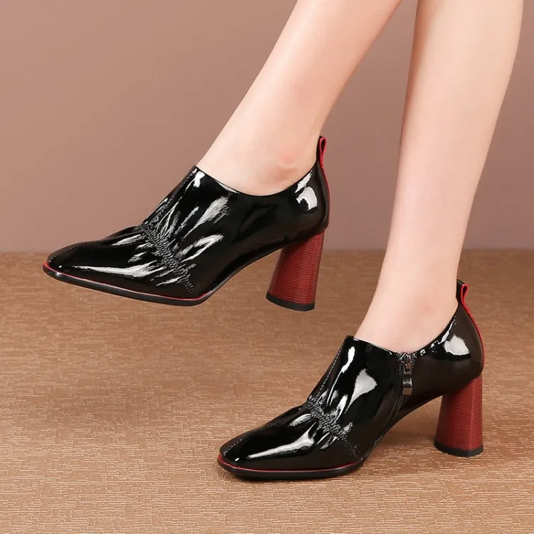 

2019 Autumn & Winter Hot Selling Square Head Chunky-Heel Semi-high Heeled Rubber Sole Solid Color Simple Women's Fashion Square