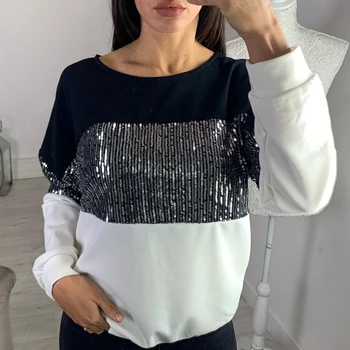 

Sequined Glitter Patchwork Women T Shirts Pullovers Loose Tops Long Sleeve 2020 Girls Shining Casual Tees T-shirts