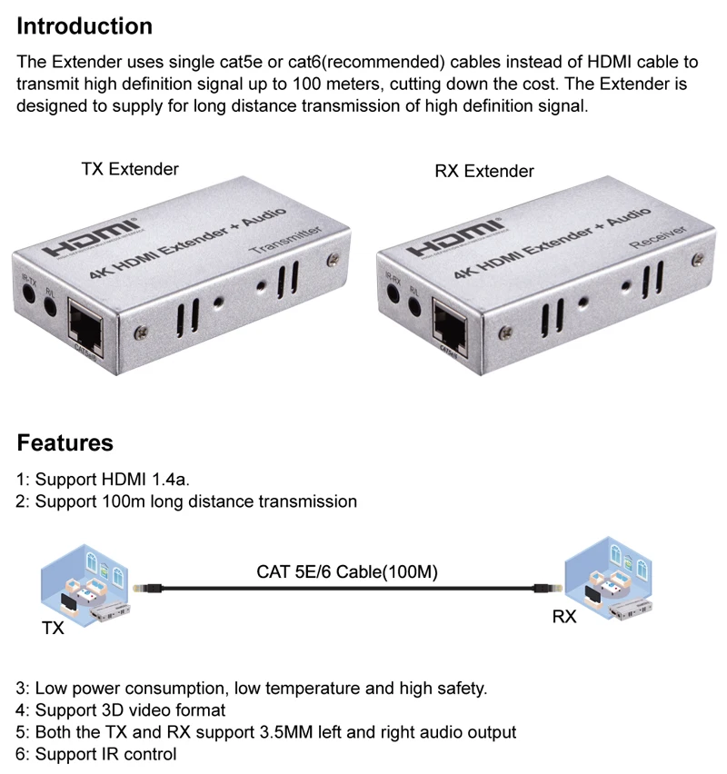 4K HDMI удлинитель 100 м R/L аудио выход HDMI Расширение сигнала ИК управление Cat5E CAT6 RJ45 Ethernet LAN кабель конвертер TX в RX