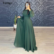 

Verngo Modest Dark Green Chiffon Prom Dresses Long Sleeves O-Neck Floor Length Simple Evening Gowns Arabic Women Formal Dress