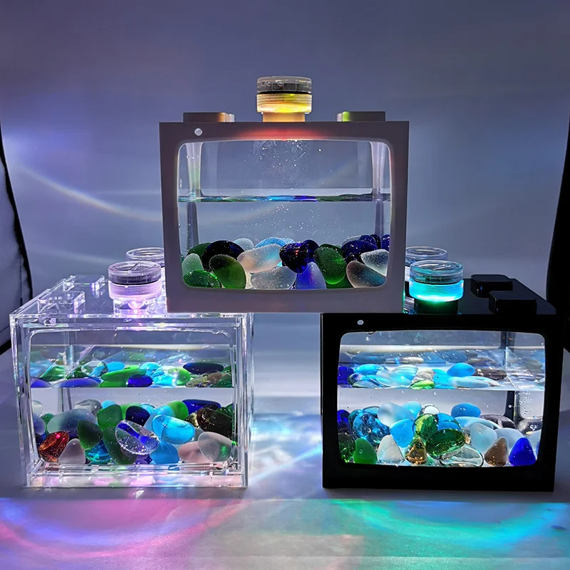 New Desktop Fish Box Aquarium With Light Battery Type Small Fighting Fish  Tank Office Mini Fighting Fish Tank Aquarium Supplies