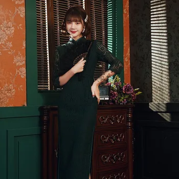 

Sexy High Split Lace Cheongsam Novelty Half Sleeve Women Green Evening Party Dress Long Slim Qipao Mandarin Collar Vestidso